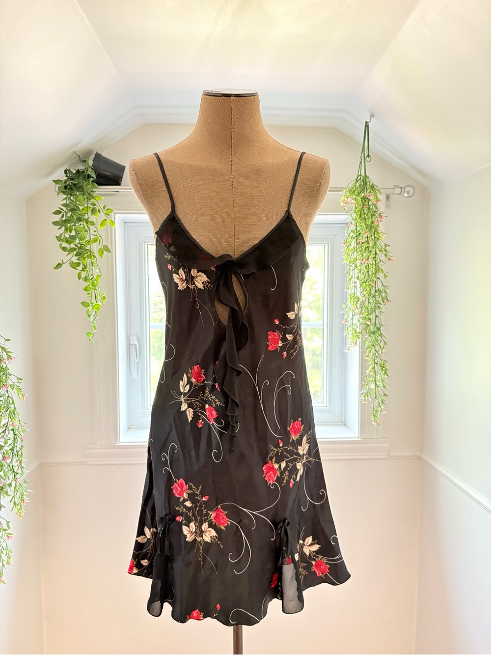Floral Satin Slip Dress - Black with Red Rose Print